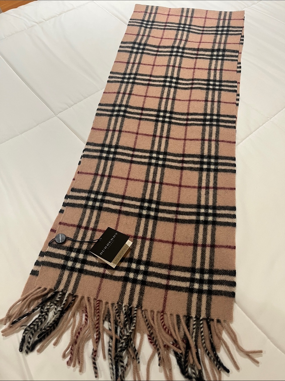 Burberry Beige Plaid Fringe Scarf with Black and Red Accents